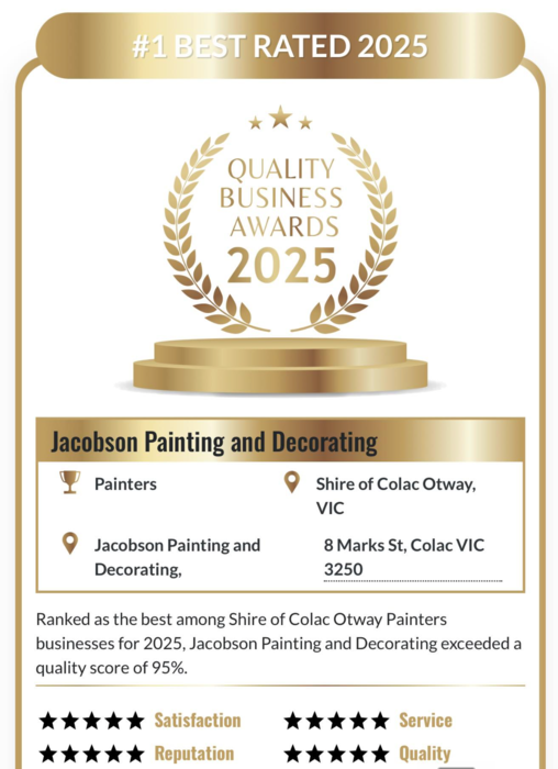 Quality Business Awards 2025 — #1 Best Rated Painters, Shire of Colac Otway